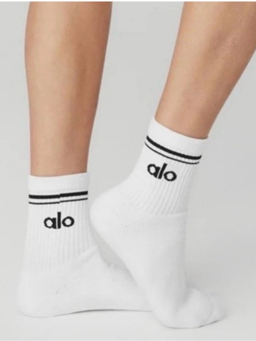 ALO Yoga White Athletic Crew Socks with Black Logo Stripes NWOT